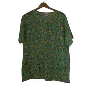 Scrubtime Size L Nautical Sea Life Print Short Sleeve Scrub Top w/Front Pockets